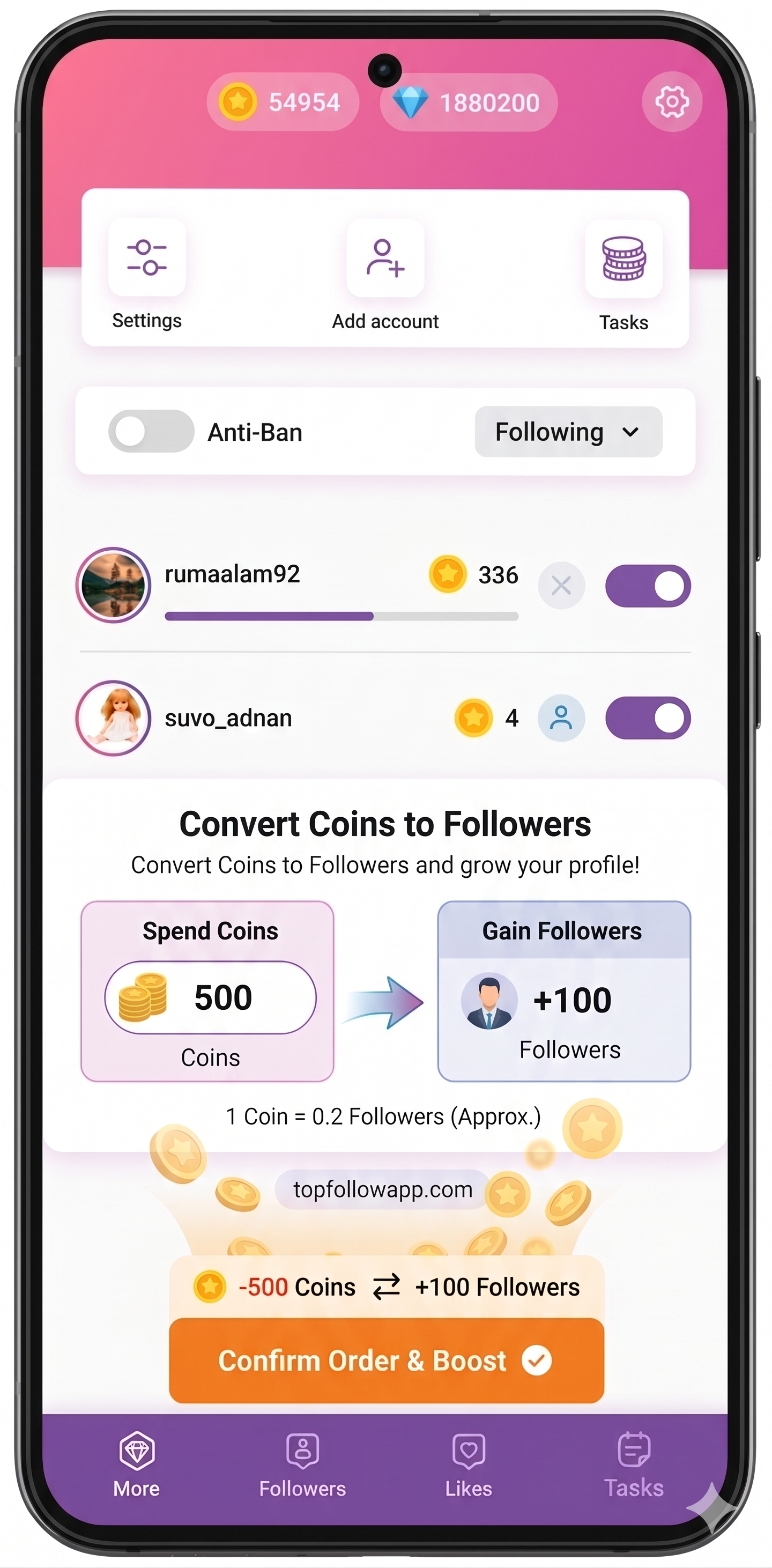TopFollow mobile screen preview